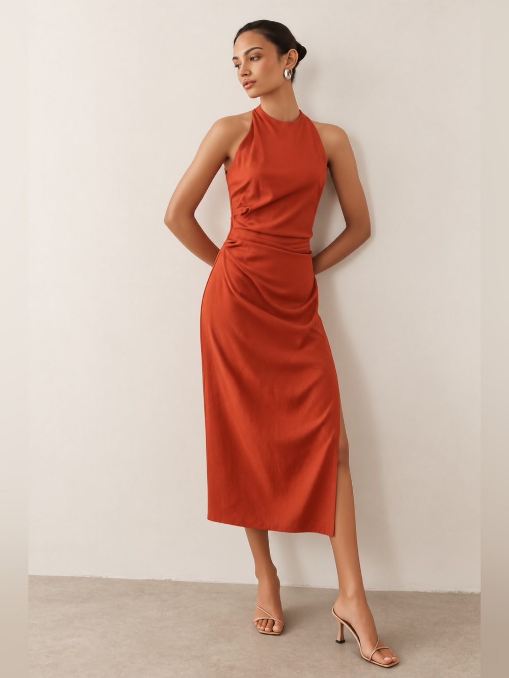 MANGO Sleeveless Halter Women Midi Dress in Rust 🍁✨